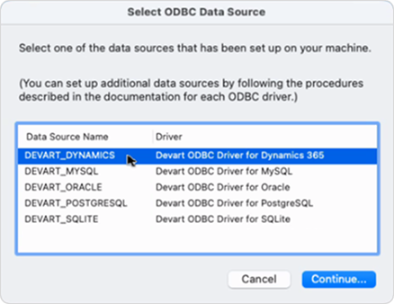 The Select ODBC Data Source dialog