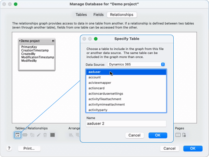 The Manage Database and Specify Table dialogs