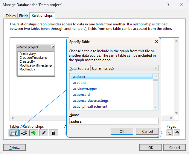 The Manage Database and Specify Table dialogs