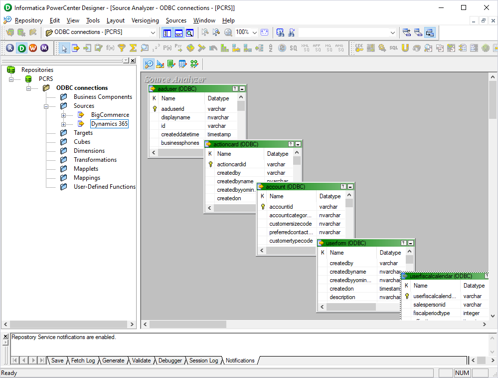 The new source and imported tables in PowerCenter Designer