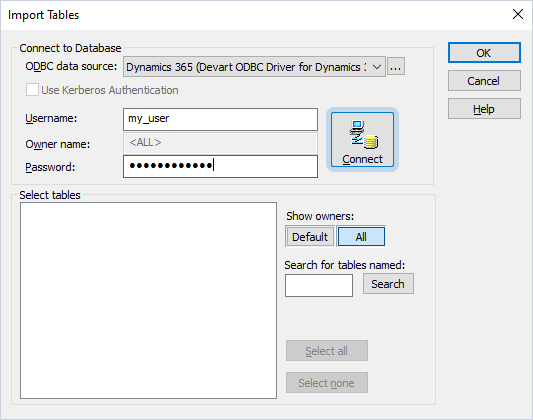 The Import Tables dialog with a selected data source and entered credentials