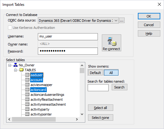 The Import Tables dialog with selected tables