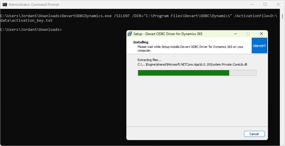 Command Prompt showing the command for silent installation and activation using a file, and the ODBC driver installer window.