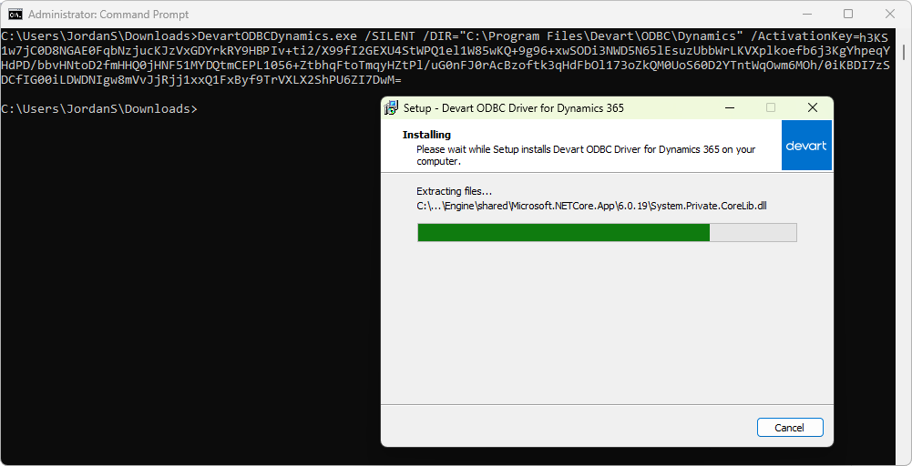 Command Prompt showing the command for silent installation and activation using a key, and the ODBC driver installer window.