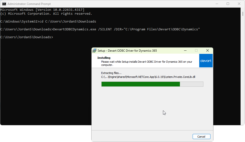 Command Prompt showing the silent installation command, and the ODBC driver installer window.
