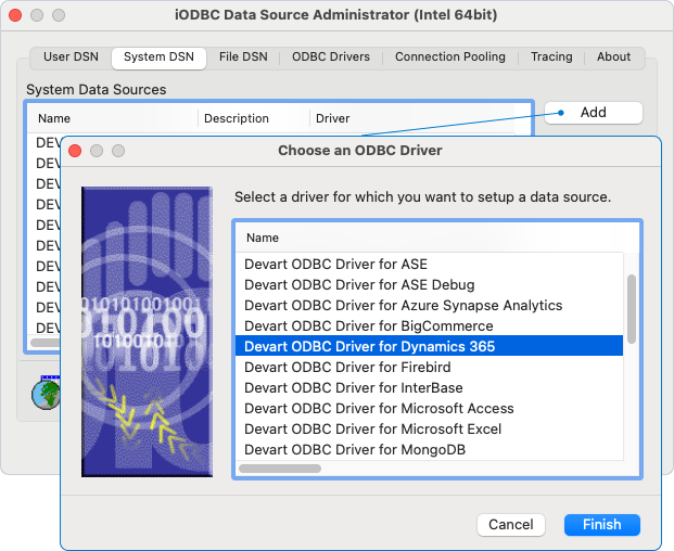 The Choose an ODBC Driver dialog opened in iODBC Administrator.