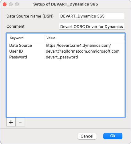 The ODBC driver Setup dialog.