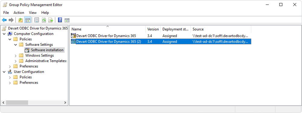 Group Policy Management Editor showing Computer Configuration with Software installation selected and two driver packages in the right pane.