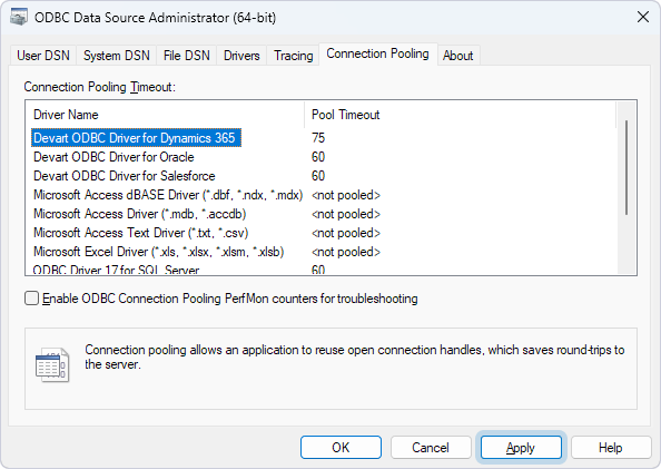 ODBC Data Source Administrator showing the changed Pool Timeout value
