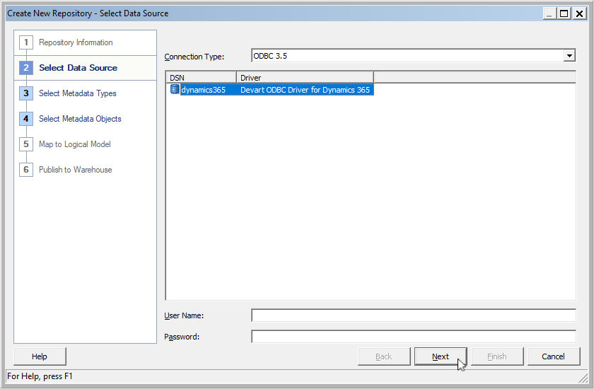 Select the previously configured DSN