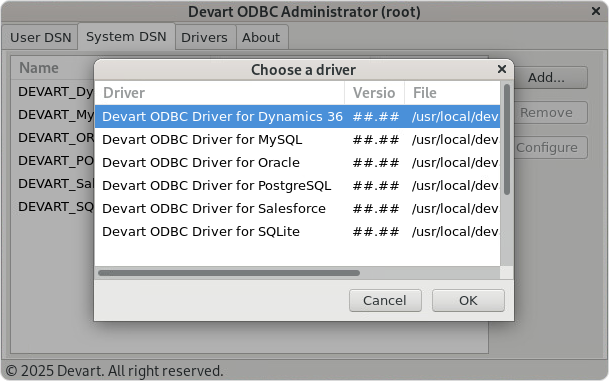 Create a DSN on Linux: choose a driver