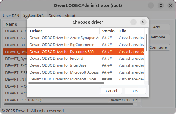Create a DSN on Linux: choose a driver