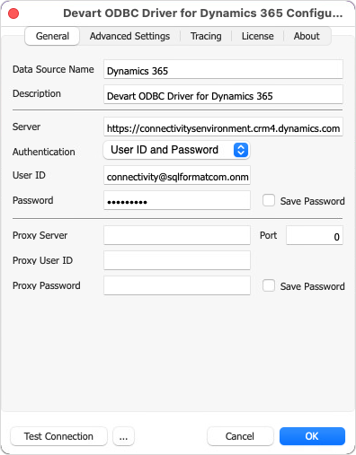 Create a DSN on macOS: connection parameters