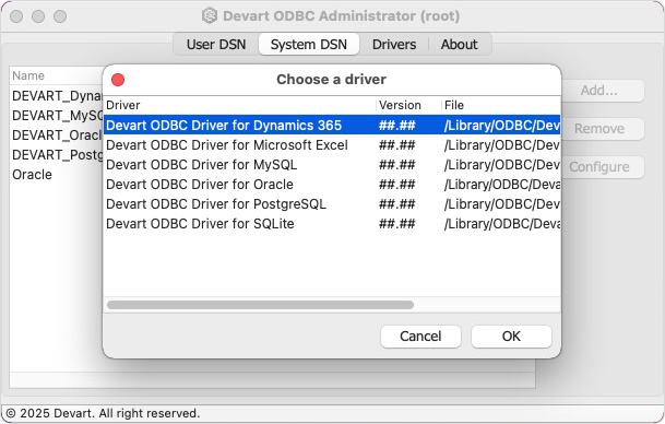 Create a DSN on macOS: choose a driver