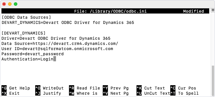 The odbc.ini file opened in a text editor with entered DSN configuration details.