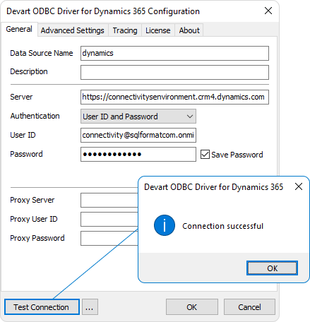 Devart ODBC Driver successful connection