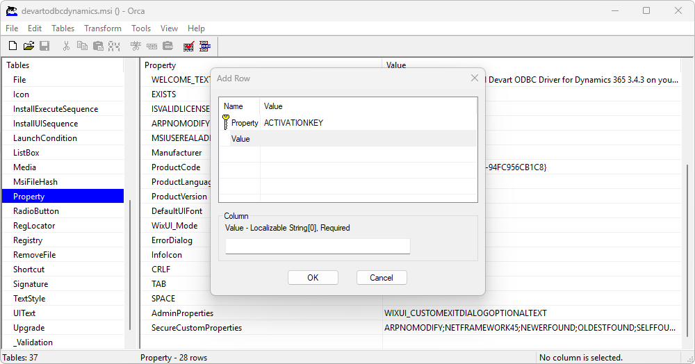Add property to an MST file using Orca