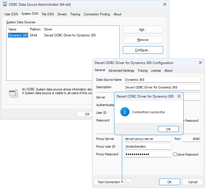 Devart ODBC Driver Configuration dialog with specified proxy settings