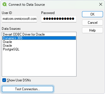 The Connect to Data Source dialog with a selected DSN and entered credentials