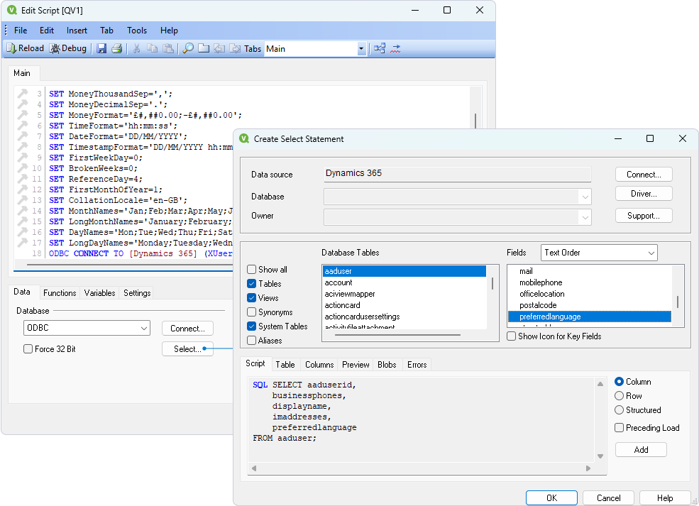 The Create Select Statement dialog with selected tables and fields