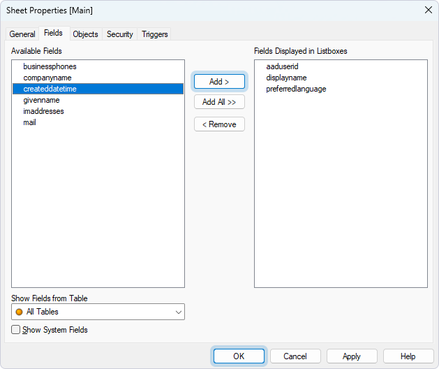 The Sheet Properties dialog with selected fields to be displayed as list boxes