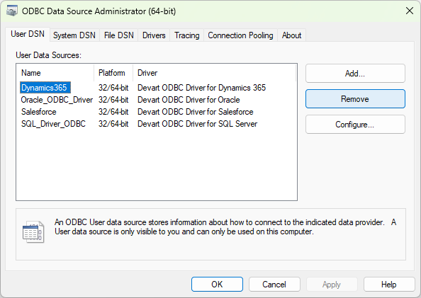 ODBC Data Source Administrator window, with the ODBC driver selected and the Remove button highlighted.