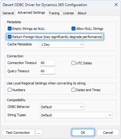 Advanced Settings tab in the Devart ODBC Driver Configuration dialog