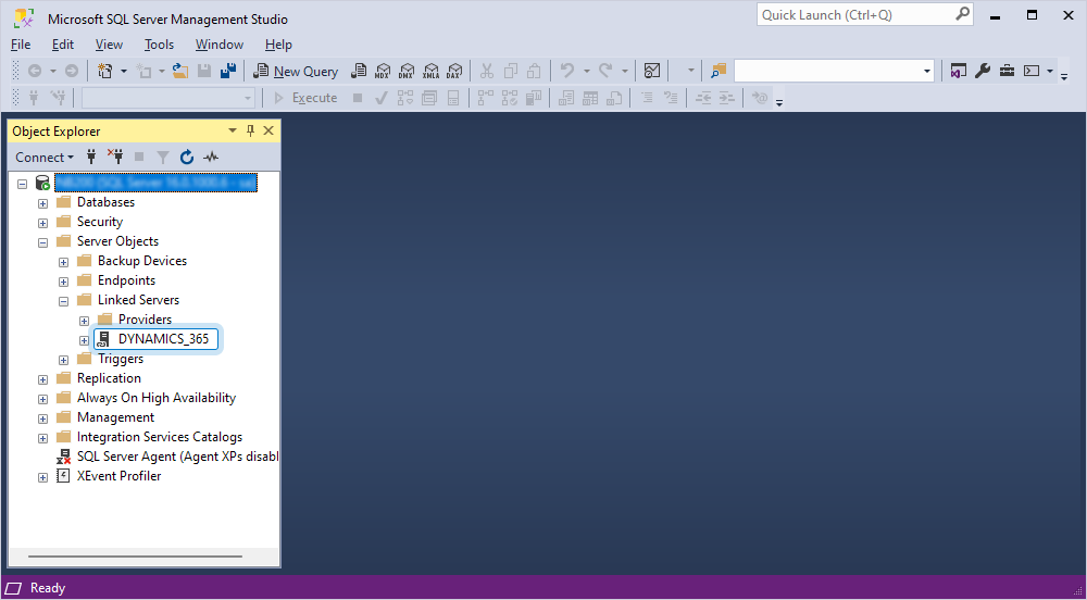 The added linked server in the Object Explorer pane