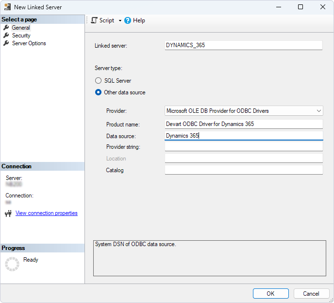 The New Linked Server dialog with fields filled in