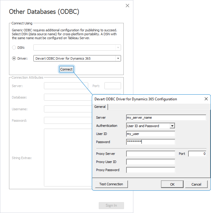 The Other Databases (ODBC) and Devart ODBC Driver Configuration dialogs