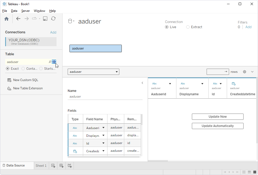 The Data Source page with the displayed table