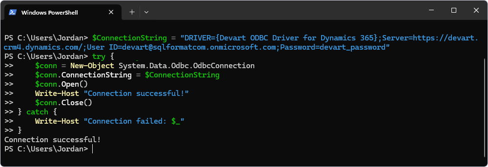 Test DSN-less connection