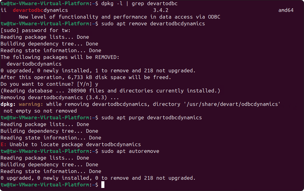 Uninstall ODBC driver on Linux - Ubuntu