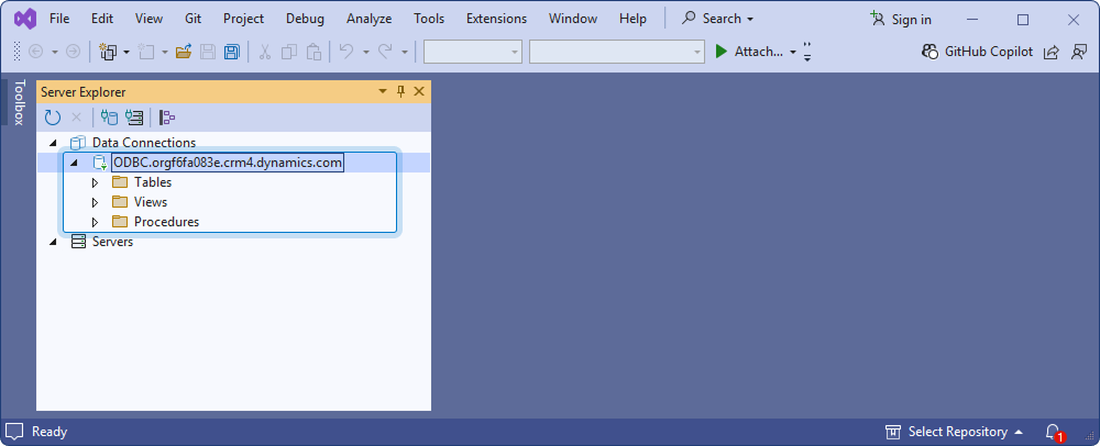 Connect Visual Studio to the data source - Connection created