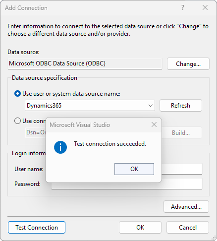Connect Visual Studio to the data source - Test Connection