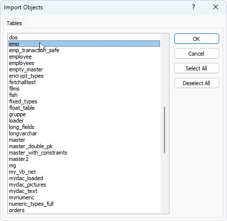 Select the tables for import