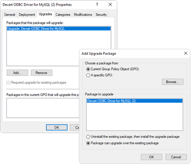 Properties dialog for the ODBC driver and Add Upgrade Package dialog with the option to upgrade over the existing package selected.
