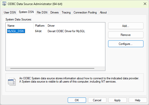 A selected DSN in ODBC Data Source Administrator