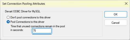 The Set Connection Pooling Attributes dialog in ODBC Data Source Administrator