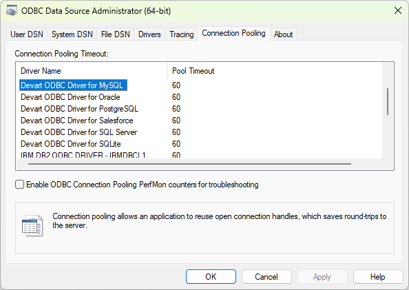 The Connection Pooling tab in ODBC Data Source Administrator