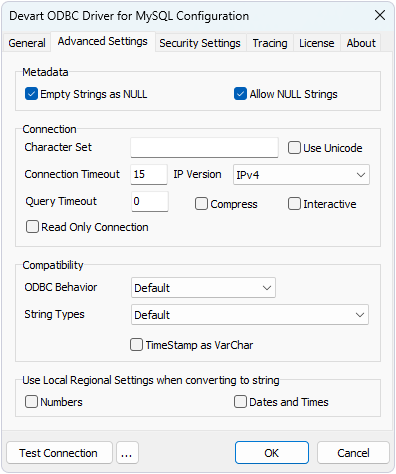The Advanced Settings tab of the Devart ODBC Driver for MySQL Configuration window