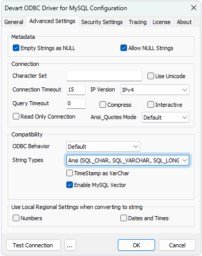 Select Ansi in Advanced Settings of the driver configuration dialog