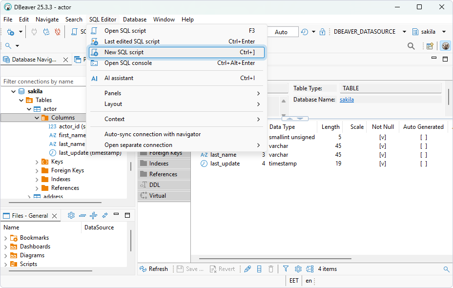 Select SQL Editor > New SQL script in DBeaver Community