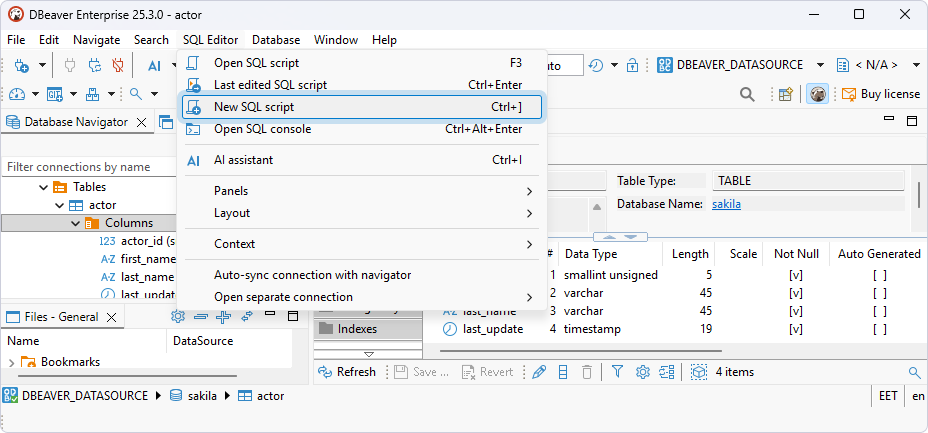 Select SQL Editor > New SQL script in DBeaver Enterprise