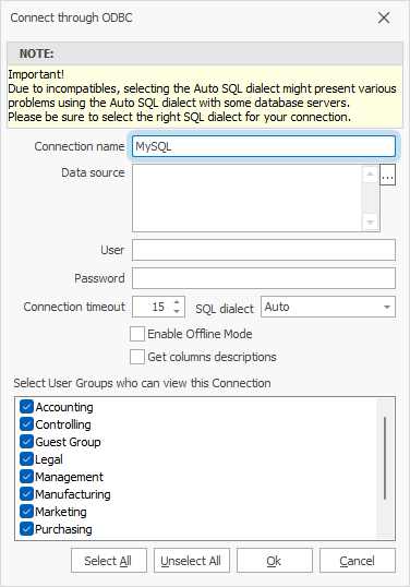 The Connect through ODBC dialog with filled out Connection name