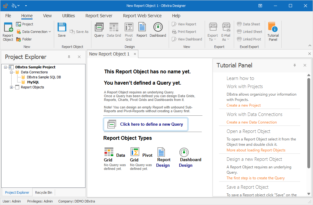 The New Report Object tab in DBxtra Designer