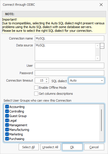 The Connect through ODBC dialog with filled out fields