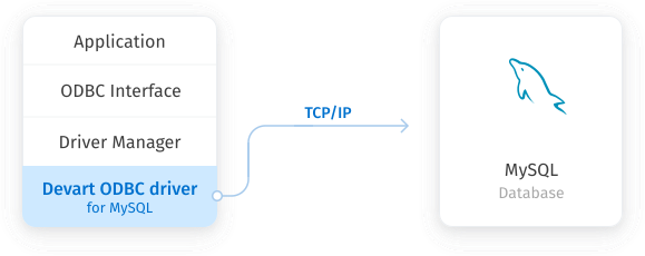 Diagram showing an application's connection to a MySQL database via Devart ODBC Driver for MySQL using TCP/IP.