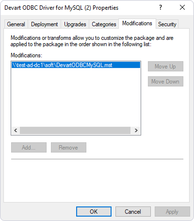 Properties dialog for the ODBC driver showing the Modifications tab with a modification file path listed.