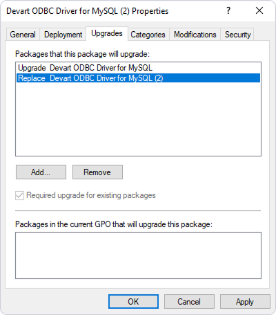 Properties dialog for the ODBC driver showing the Upgrades tab with two items listed: Upgrade and Replace.
